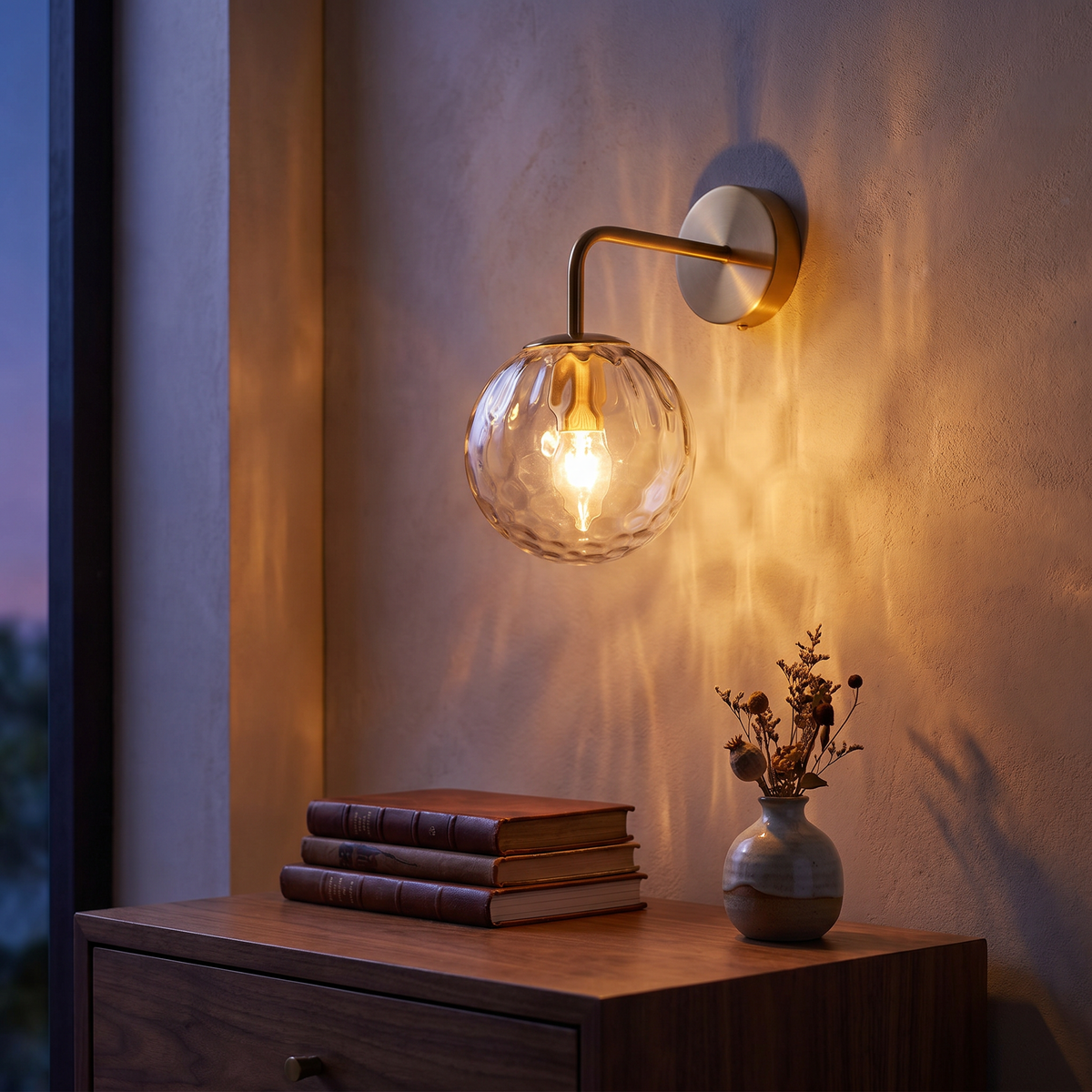 Rippled Glass Globe Wall Sconce Brass Finish